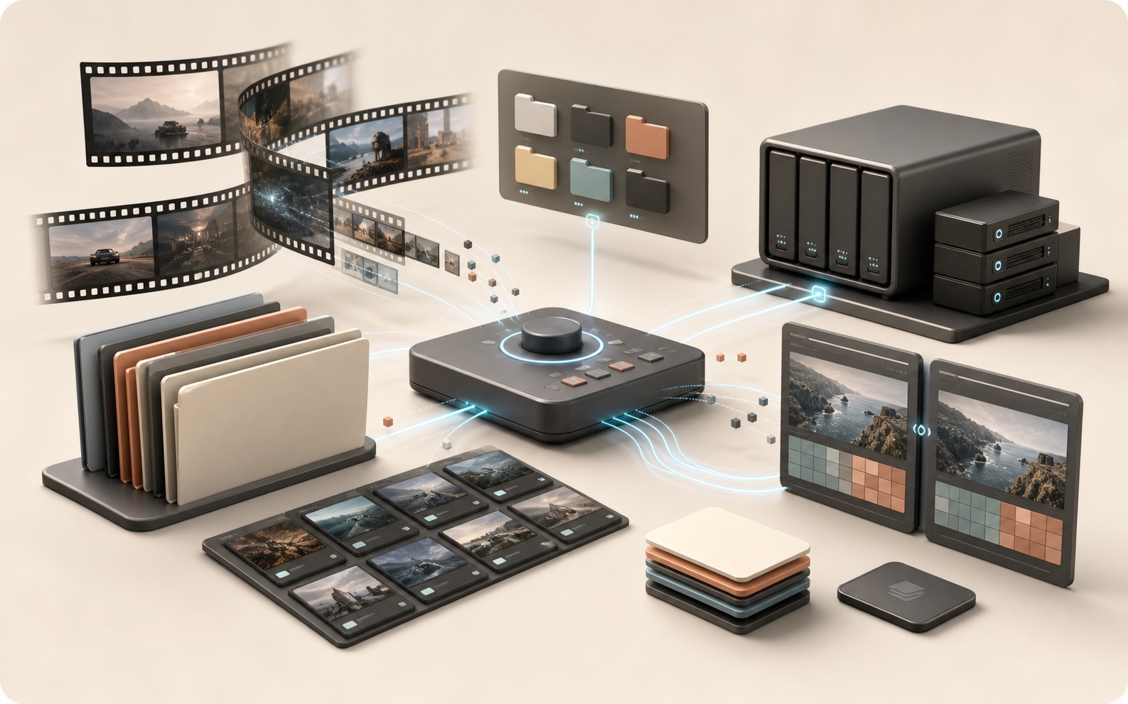 Konzeptbild für Medienwerkzeug mit Medienframes, Ordnern, NAS-Speicher und Transferpfaden