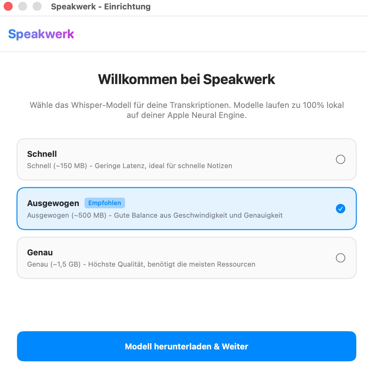 Speakwerk Einrichtung mit lokaler Whisper-Modell-Auswahl